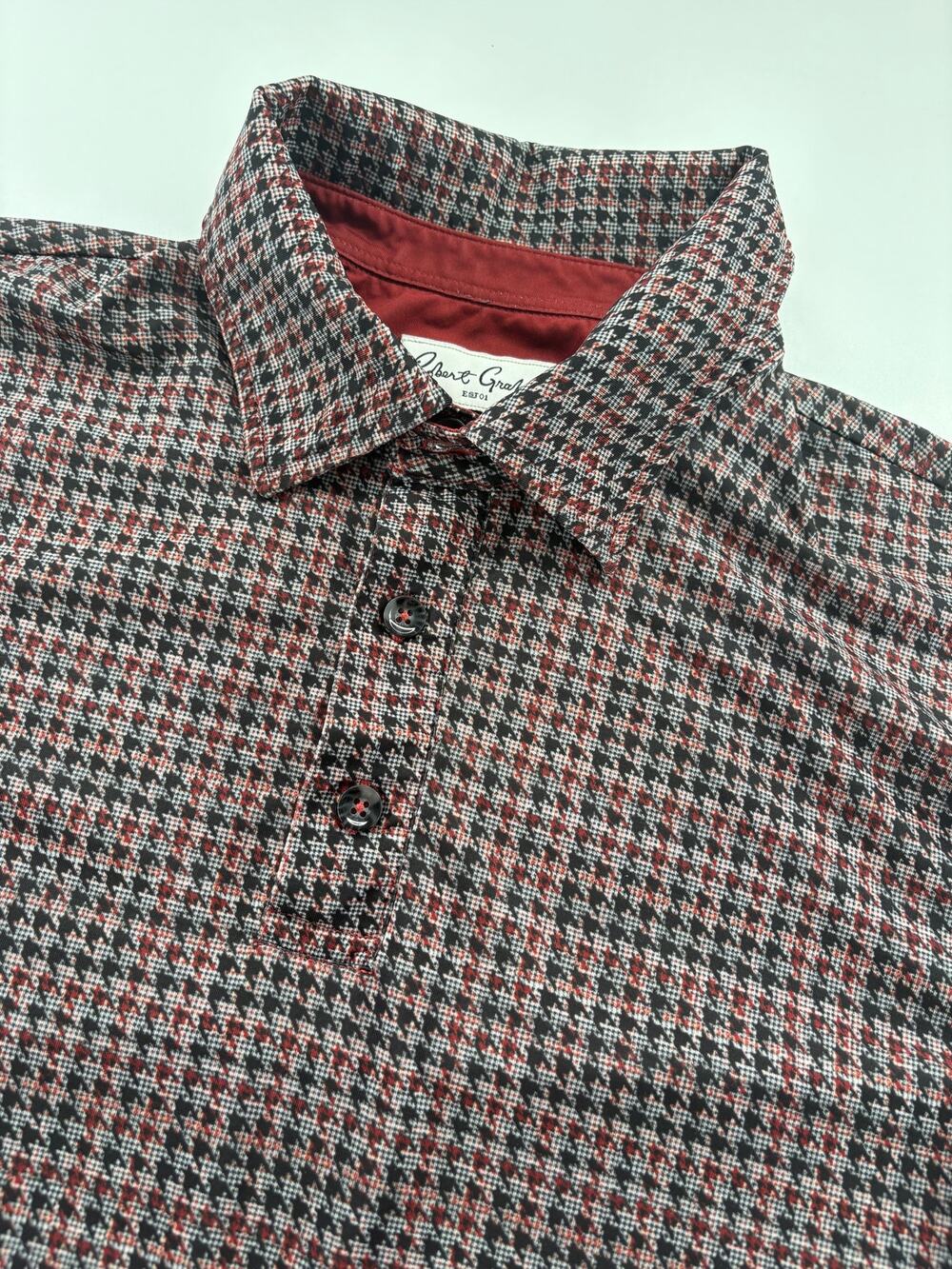 Robert Graham Men's Small Houndstooth Golf Polo Red Black Classic Fit Stretch